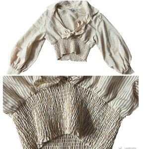 Emory Park Striped Cream Cropped Blouse long sleeve wrap top with tie NEW